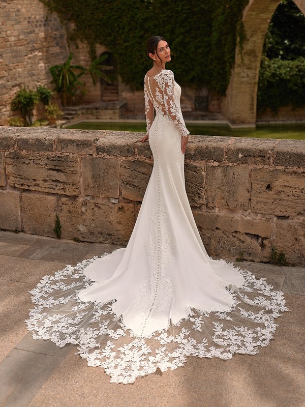 Long semi-cathedral cutout lace train crepe wedding dress with sexy illusion back and sleeves