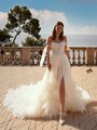Romantic organza ruffled hem wedding dress with sexy leg slit