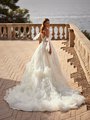 Organza ruffled and leaf lace semi-cathedral train wedding dress with low scoop back