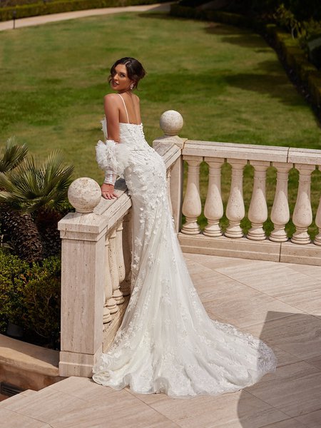 V-Back Tulle and Lace Appliques Mermaid with Detachable Sleeves and Chapel Train ValStefani PEARL V-Back Tulle and Lace Appliques Mermaid with Detachable Sleeves and Chapel Train ValStefani PEARL
