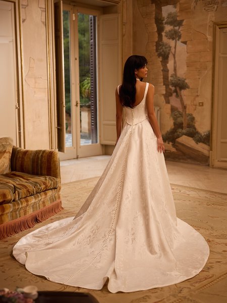 Pearls trimmed deep scoop back jacquard satin full A-line with pearl buttons to end of chapel train ValStefani AURA Pearls trimmed deep scoop back jacquard satin full A-line with pearl buttons to end of chapel train ValStefani AURA
