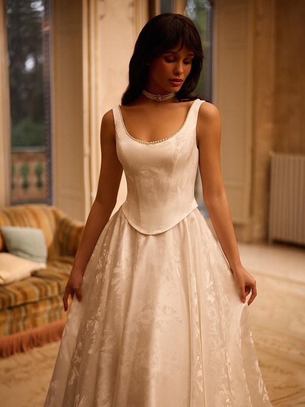 ValStefani AURA Basque waist scoop neck jacquard satin mock two-piece A-line gown with pearls