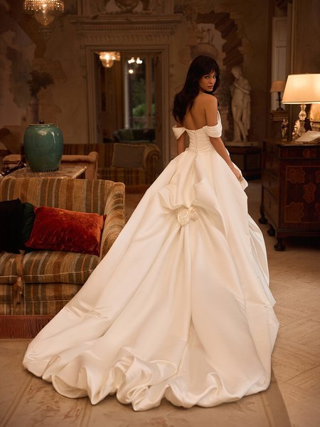 Strapless open back detachable swag sleeves satin ball gown with semi-cathedral bubble hem train ValStefani FORTUNA