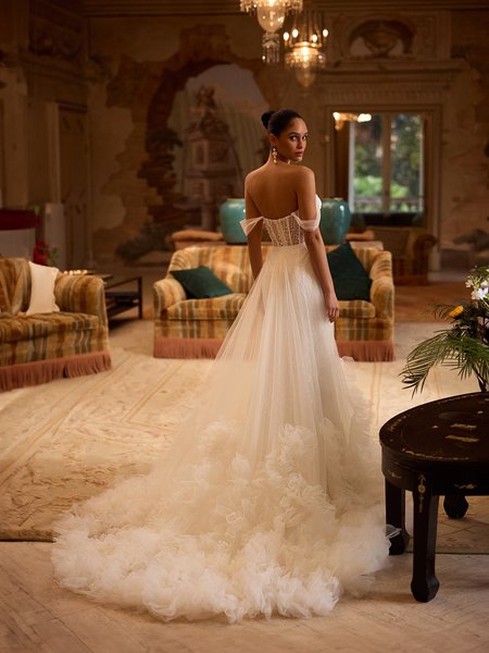 Unlined beaded tulle open back mermaid with detachable tulle A-line overskirt with ruffles ValStefani VENUS Unlined beaded tulle open back mermaid with detachable tulle A-line overskirt with ruffles ValStefani VENUS