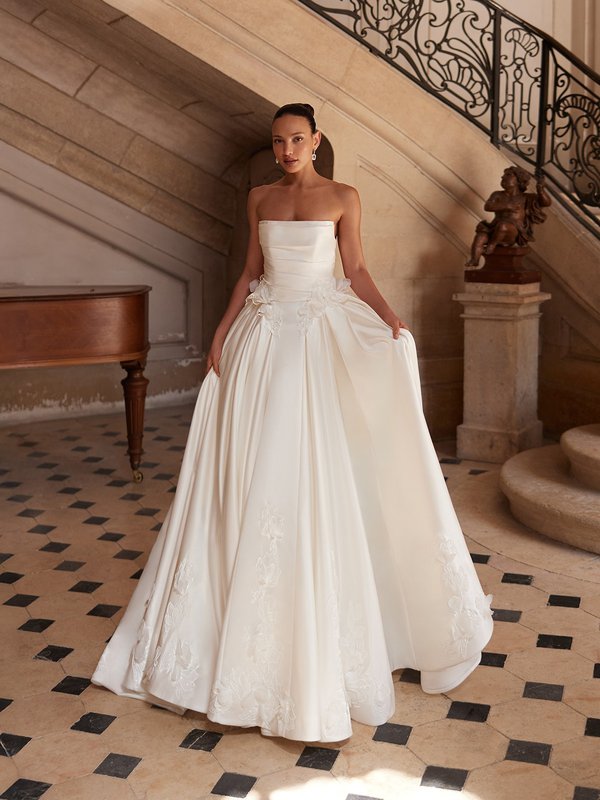 Straight across ruched bodice satin and lace appliques ball gown ValStefani SOLENE