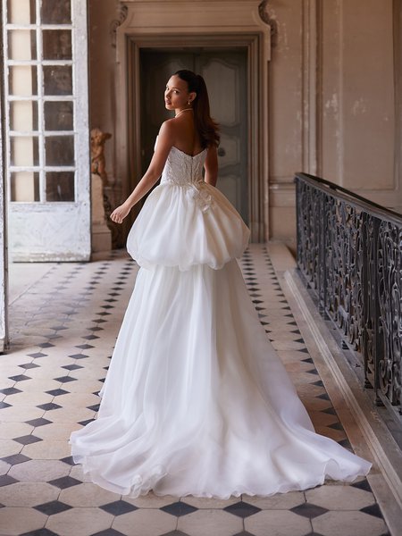 ValStefani BELLADONNA Beaded appliques open V-back stretch satin detachable train mermaid wedding dress