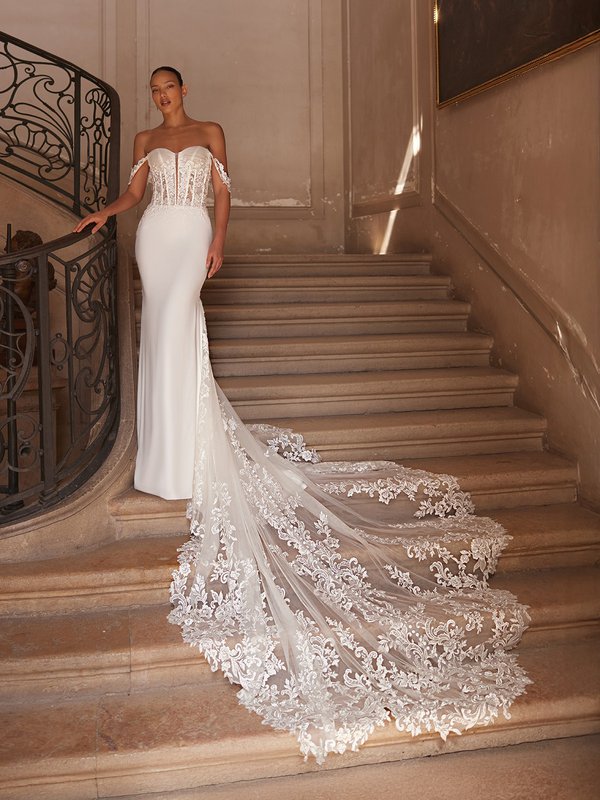 ValStefani DAWN Detachable swag sleeves sweetheart with illusion inset lace appliques and breeze crepe mermaid