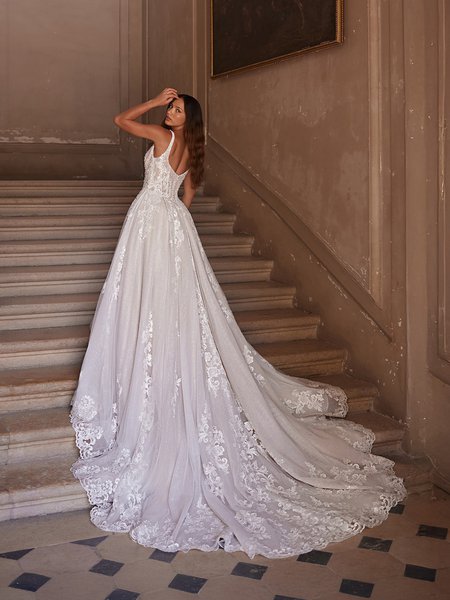 See-through V-back beaded tulle and lace appliques A-line with chapel train ValStefani MONARQUE