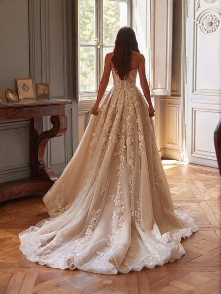 ValStefani MAJESTY Unlined V-back lace appliques over tulle A-line with chapel train