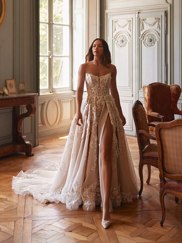 ValStefani MAJESTY See-through strapless scoop neck with illusion inset tulle and 3D flowers appliques A-line with wrap skirt