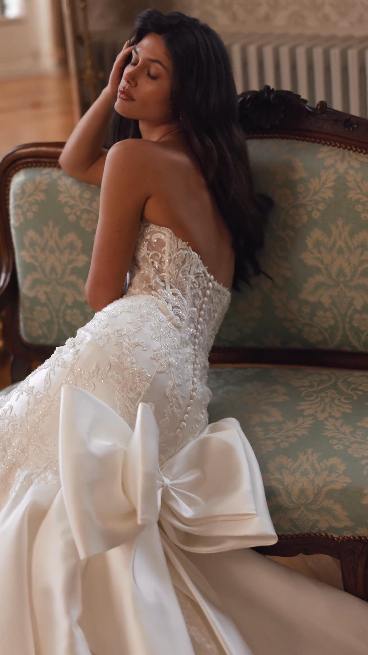 ValStefani CAMBRIDGE Video of Lace on Mikado strapless wedding dress with statement bow at back skirt