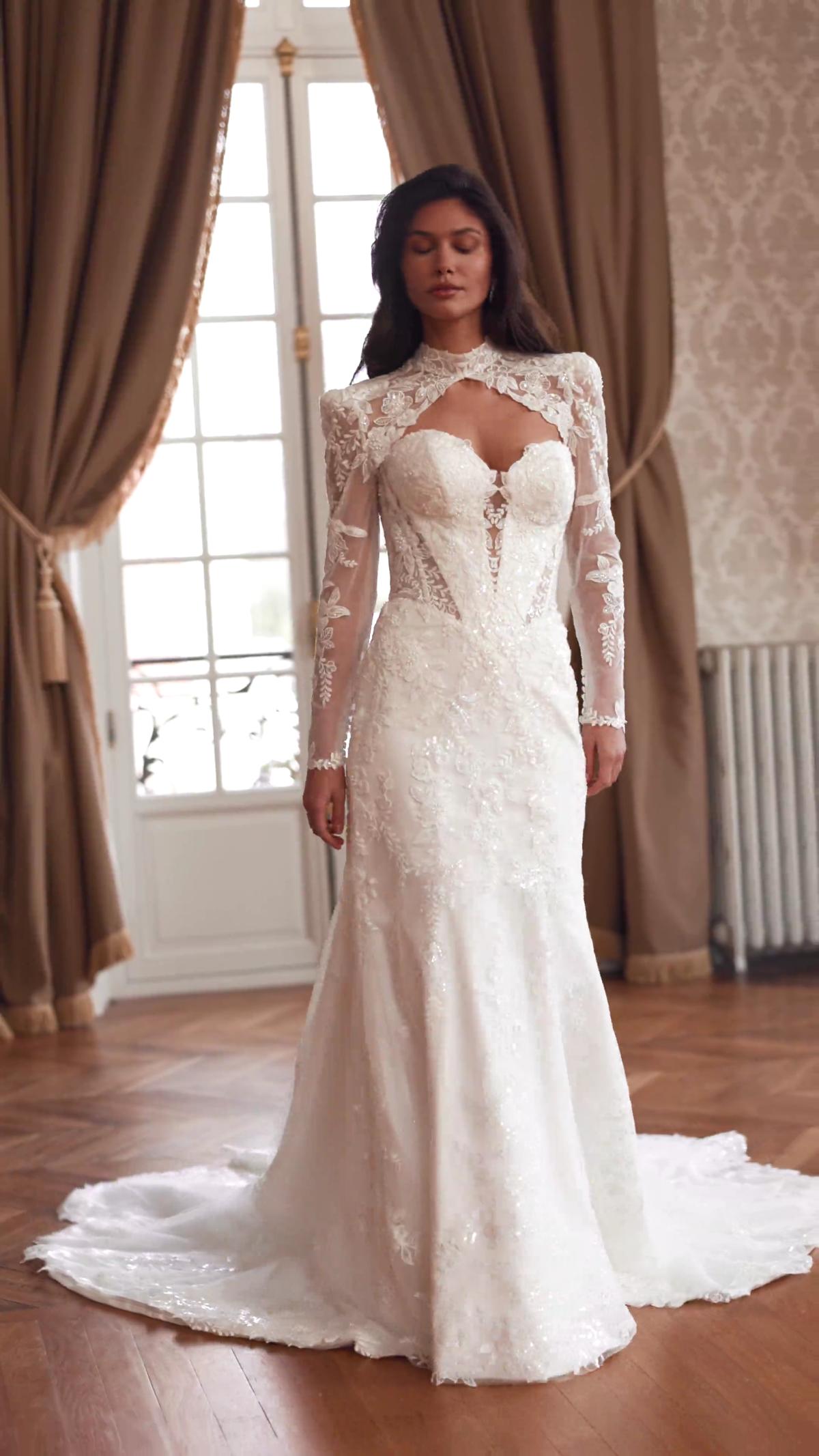 Video of detachable bolero jacket basque waist mermaid wedding gown ValStefani DUCHESS