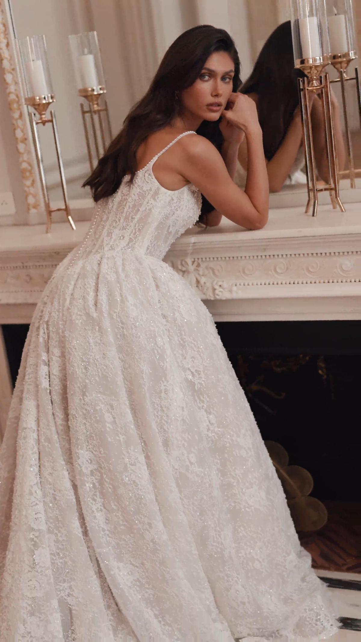 Video of ValStefani HIGHGROVE Square neck and illusion V-back A-line with pleats wedding dress