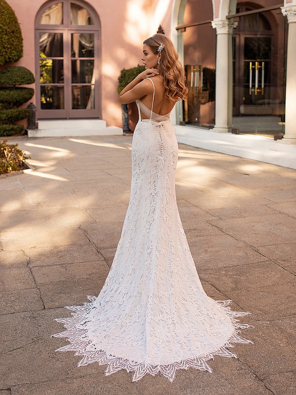 Delicate Open Tie Back Lace Wedding Gown  with Scallop Sweep Train Simple Val Stefani Lorelai S2168 