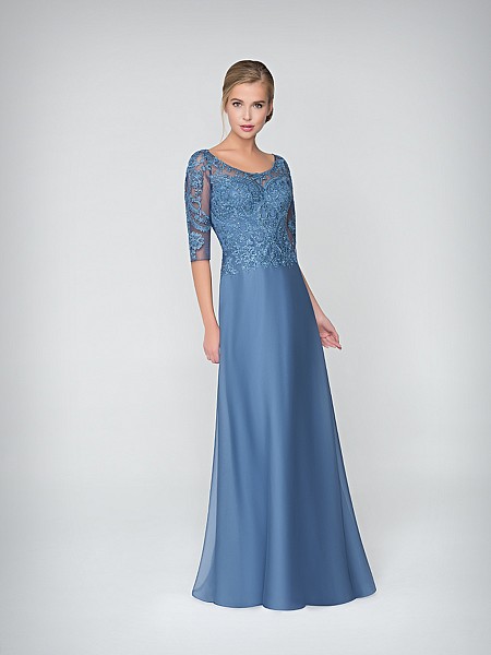 Val Stefani Celebrations MB7620 elegant chiffon A-line evening gown with lace scoop neck and 3/4 sleeves Val Stefani Celebrations MB7620 elegant chiffon A-line evening gown with lace scoop neck and 3/4 sleeves