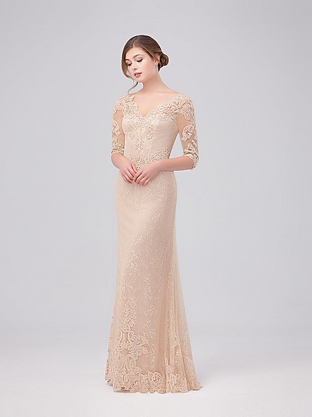 Val Stefani Celebrations MB7627 all-over lace and sequin A-line gown with V-neck and elbow length sleeves Val Stefani Celebrations MB7627 all-over lace and sequin A-line gown with V-neck and elbow length sleeves
