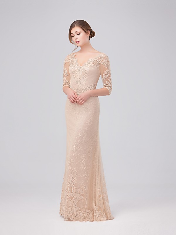 Val Stefani Celebrations MB7627 all-over lace and sequin A-line gown with V-neck and elbow length sleeves Val Stefani Celebrations MB7627 all-over lace and sequin A-line gown with V-neck and elbow length sleeves