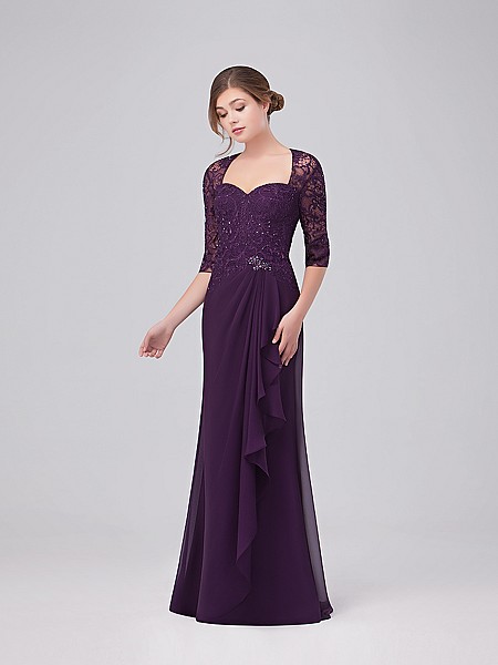 Val Stefani Celebrations MB7628 chiffon trumpet gown with lace Queen Anne neckline and cascading skirt Val Stefani Celebrations MB7628 chiffon trumpet gown with lace Queen Anne neckline and cascading skirt
