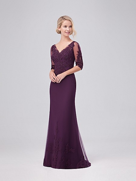 Val Stefani Celebrations MB7630 popular tulle trumpet gown with V-neck and lace details Val Stefani Celebrations MB7630 popular tulle trumpet gown with V-neck and lace details