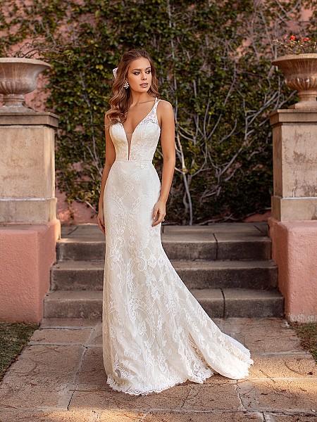 Delicate Lace Mermaid Bridal Gown with Deep Sweetheart Neckline and Illusion Double Straps Simply Val Stefani Reverie S2170 Delicate Lace Mermaid Bridal Gown with Deep Sweetheart Neckline and Illusion Double Straps Simply Val Stefani Reverie S2170