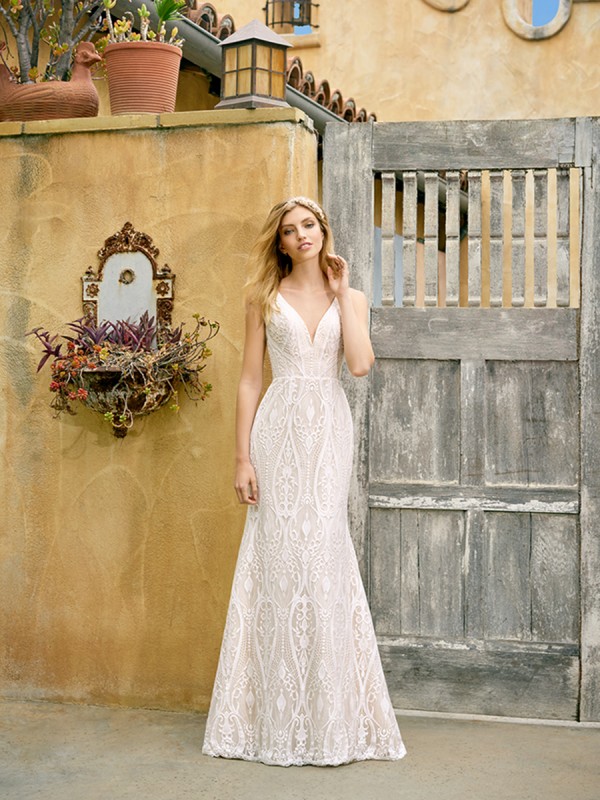 Simply Val Stefani S2072 stunning low sweetheart mermaid wedding gown with unique lace pattern