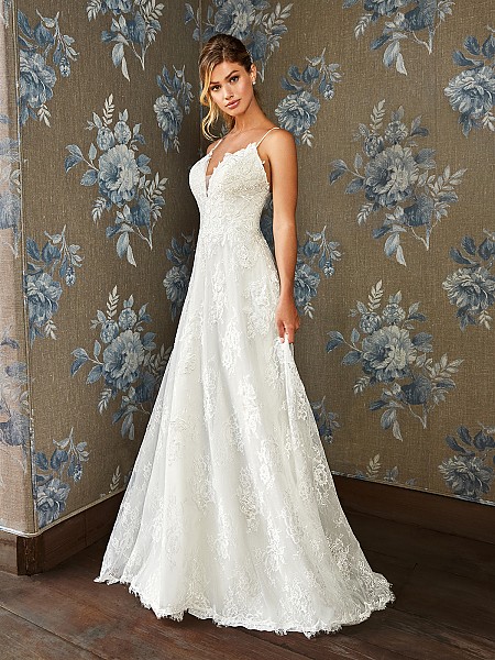 Style DAHLIA lacy dropped waist A-line wedding gown with deep v-neck and spaghetti straps in ivory Style DAHLIA lacy dropped waist A-line wedding gown with deep v-neck and spaghetti straps in ivory