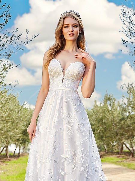 Simply Val Stefani CAYLEY deep sweetheart with illusion inset A-line bridal gown with satin band at natural waist Simply Val Stefani CAYLEY deep sweetheart with illusion inset A-line bridal gown with satin band at natural waist