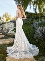 Simply Val Stefani MERA elegant thin strap deep illusion back wedding dress with see-through train and buttons along zipper