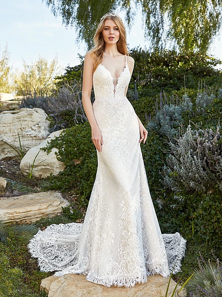 Simply Val Stefani MERA beautiful lace mermaid bridal gown with V-neckline and thin beaded straps and hem lace