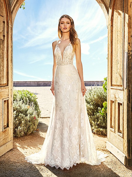 Simply Val Stefani ROSA unlined deep V-neck bodice embroidered lace fabric A-line bridal gown with beaded sash Simply Val Stefani ROSA unlined deep V-neck bodice embroidered lace fabric A-line bridal gown with beaded sash