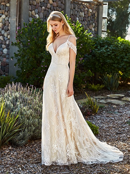 Simply Val Stefani YUNA romantic re-embroidered lace fabric A-line bridal gown with deep V-neck and swag sleeves Simply Val Stefani YUNA romantic re-embroidered lace fabric A-line bridal gown with deep V-neck and swag sleeves