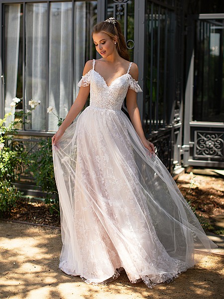 Style ELIANA floral sparkle tulle wedding dress with swag sleeves and lace straps Style ELIANA floral sparkle tulle wedding dress with swag sleeves and lace straps