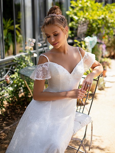 Style DELILAH sweetheart neckline with chantilly lace swag sleeves and lace trim straps Style DELILAH sweetheart neckline with chantilly lace swag sleeves and lace trim straps