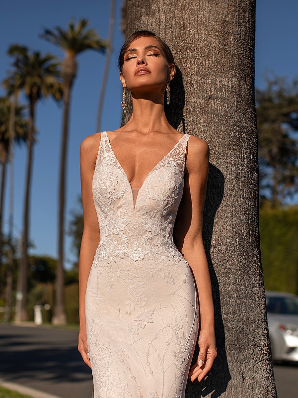Chic Shimmer Net Fitted Bodice with Deep V-neckline and Illusion Lace Straps Simply Val Stefani Fantasia S2165