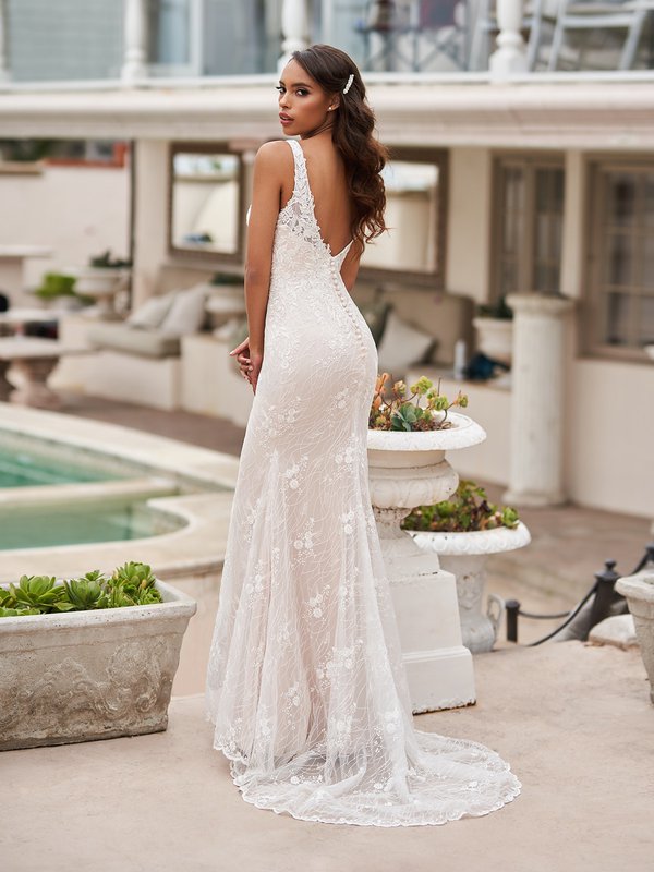 Style ALISO embroidered lace mermaid bridal gown sleeveless V-neckline with sweep train and buttons along zipper