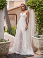 Style CASPIAN flowy A-line with front hidden leg slit under embroidered floral net overlay bridal gown with sweetheart neckline
