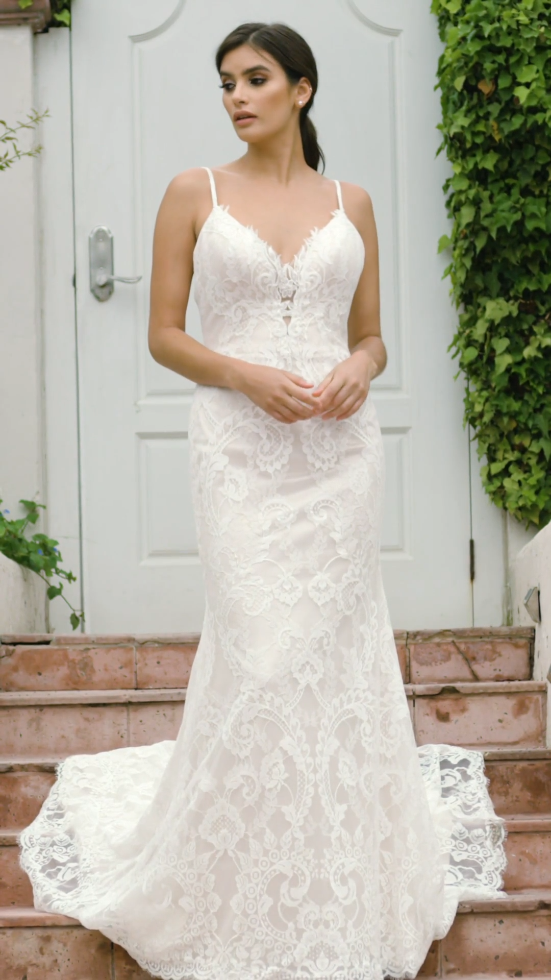 Style CORALINE Chantilly lace with beaded lace sweetheart neckline and open back mermaid gown with beaded straps