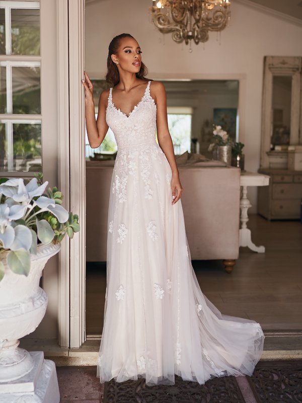 Style DELMAR sleeveless deep V-neck floral sequins vertical lace appliques over net A-line bridal gown with beaded belt