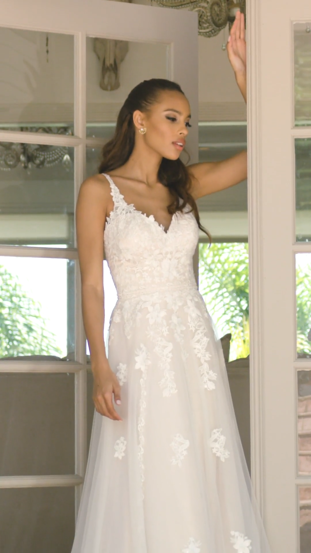 Style DELMAR thin lace straps deep V-neck net A-line with floral lace appliques, beaded belt and zipper closure