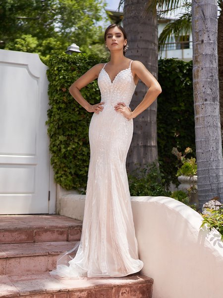 Style HORIZON deep sweetheart with thin straps 3D floral lace appliques over embroidered vine lace mermaid bridal gown