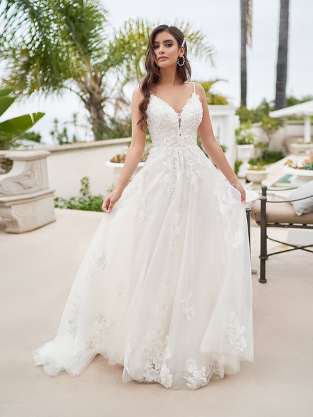 Style LAGUNA deep sweetheart with illusion inset and beaded straps A-line bridal gown with sequin lace over lightweight net Style LAGUNA deep sweetheart with illusion inset and beaded straps A-line bridal gown with sequin lace over lightweight net