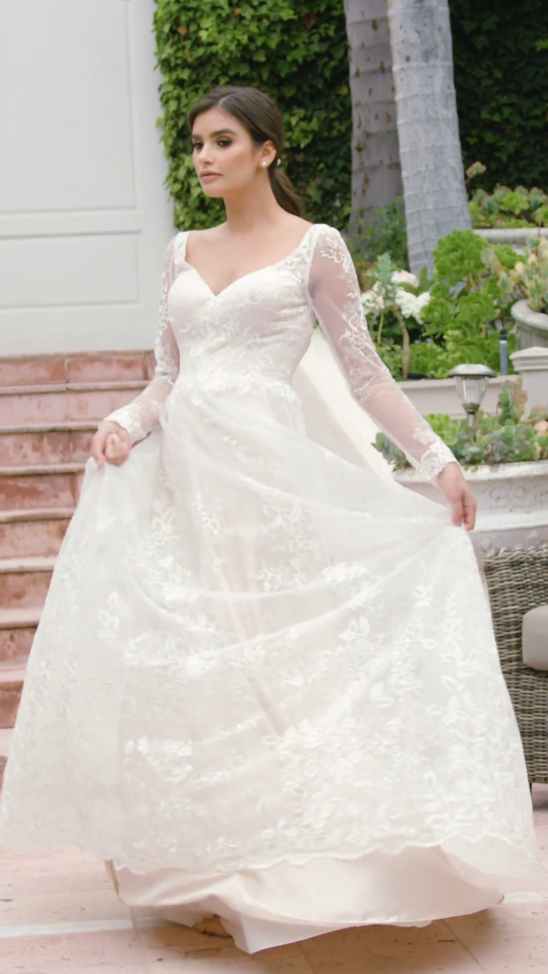 Style SURFSIDE romantic embroidered lace fabric long illusion sleeves A-line gown with V-neck and keyhole back