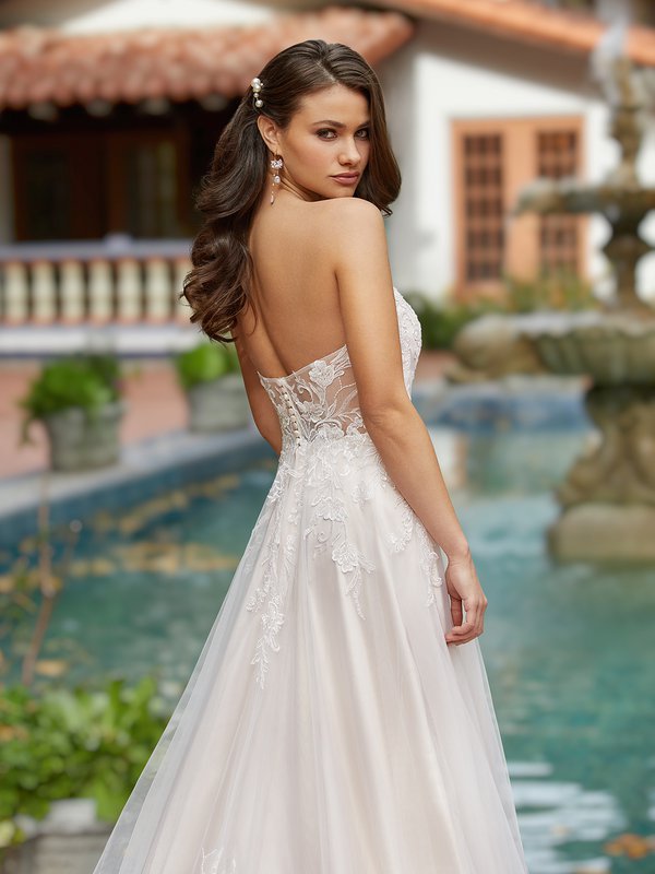 Simply Val Stefani S2194 Strapless Open Illusion Back Wedding Dress With Sparkly Floral Lace And Buttons Along Back