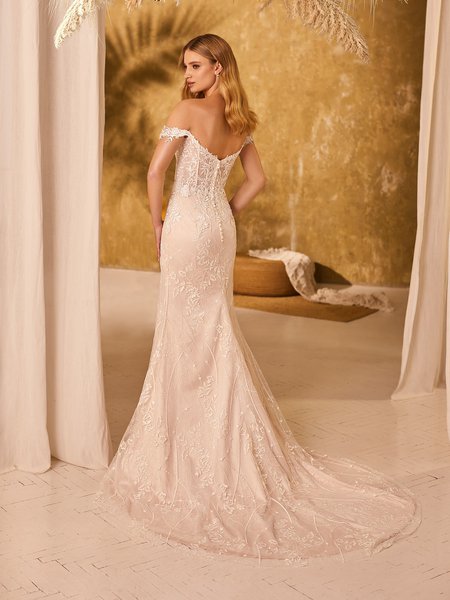 Boho Chic Unlined Off-The-Shoulder Mermaid in Sparkly Bouquet Shimmer Net with Sweep Train Style JASPER