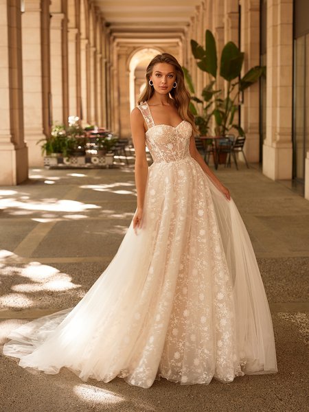 Style MELANIE S2232 Cap Sleeves Embroidered Lace Fabric Full A-Line Wedding Dress