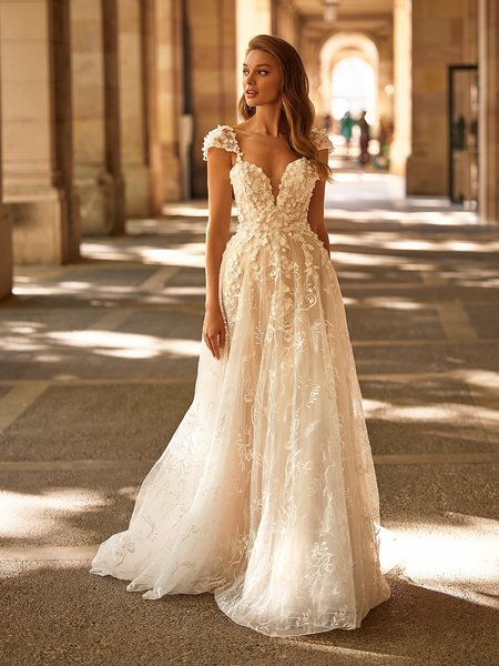Style ROSIE S2237 Sweetheart with Illusion Inset Embroidered Lace Fabric with Sequins A-Line Bridal Gown Style ROSIE S2237 Sweetheart with Illusion Inset Embroidered Lace Fabric with Sequins A-Line Bridal Gown