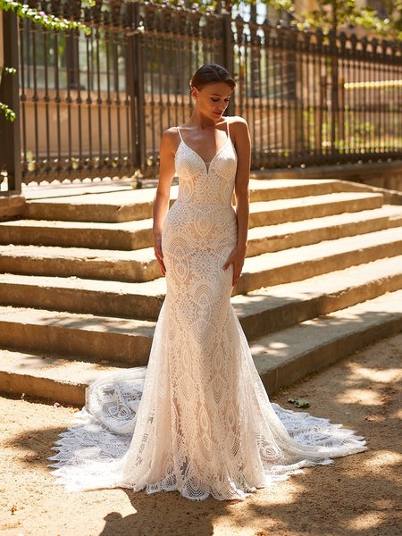 Style MIRIAM S2238 Deep Sweetheart with Illusion Inset and Beaded Straps Guipure Lace Mermaid Gown