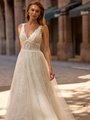 Style MOIRA S2240 Ruched Unlined Bodice Drop Waist Deep V-Neck Embroidered Lace Fabric A-Line Wedding Gown