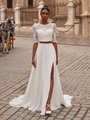 Style AMALIA Illusion Batuea Neck Alencon Lace 3/4 Sleeves and Chiffon A-Line Skirt Boho Bridal Gown
