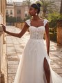 Style DANI Cap Sleeves and Sweetheart Beaded Lace Appliques and Sequins Chantilly Lace Full A-Line with High Slit